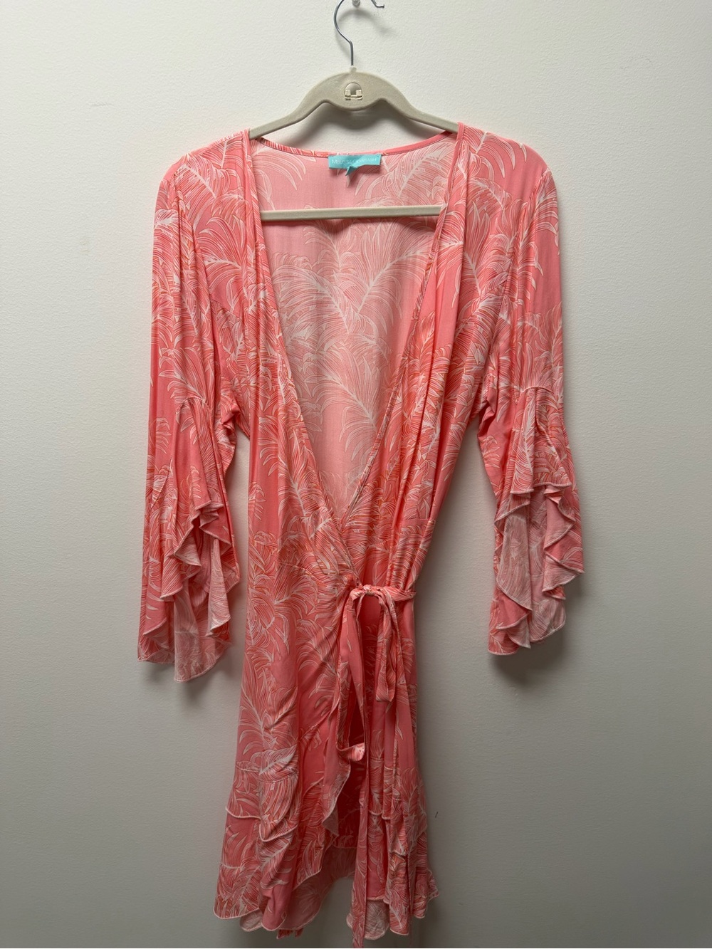 Melissa Odabash Coral Pink Feather-Print Wrap Robe